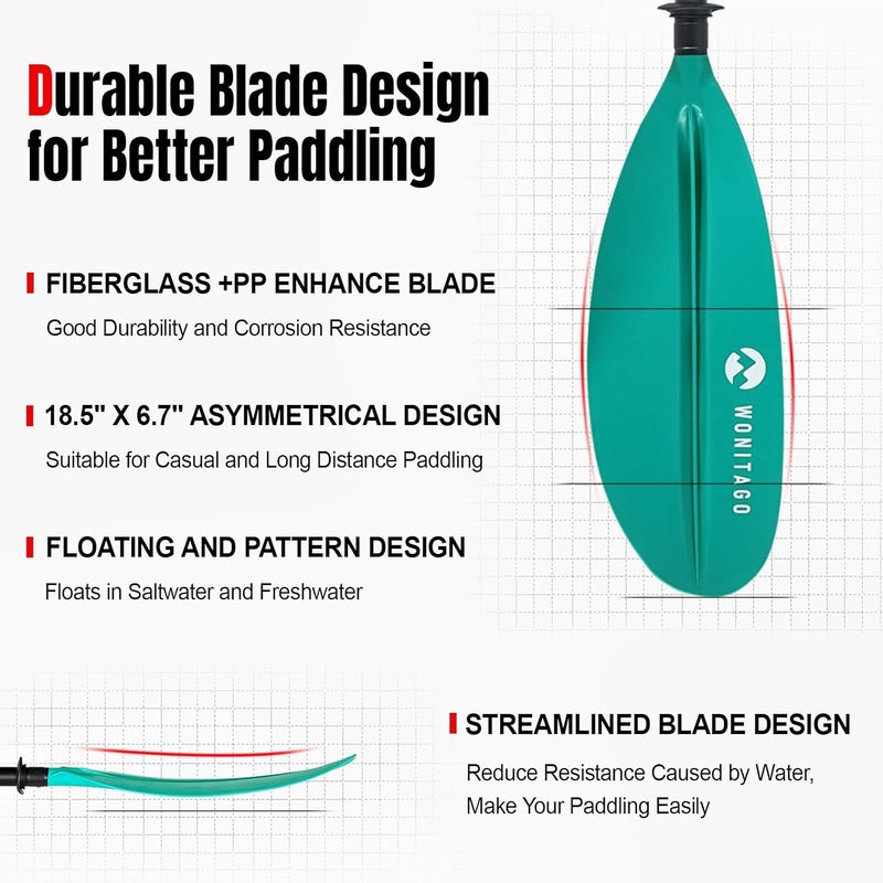 WONITAGO Kayak Paddles with Fiberglass Shaft and Reinforced PP Blade, Floating Adjustable Kayaking Oars, 3 Piece, 220-240 cm/86-94 Inches, 240-260 cm/94-102 Inches - Image 2